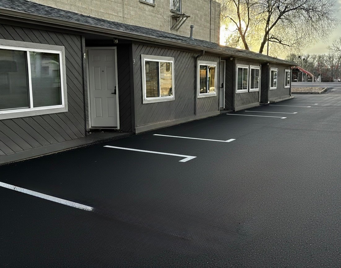 Exterior of Longmont Lodge & RV Park motel rooms and parking area